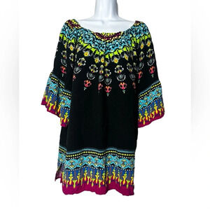 Ali‎ Miles Black Round Neck Boho Embroidered Top Size 1X Colorful Pattern